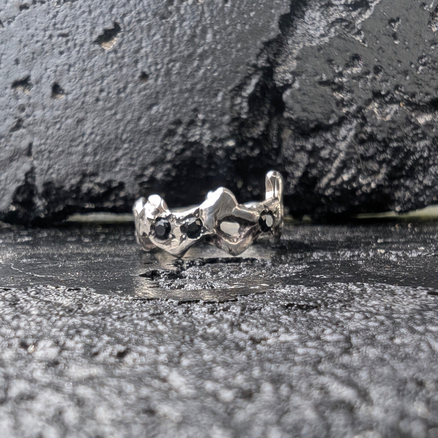 Organic spikey ring with black spinels